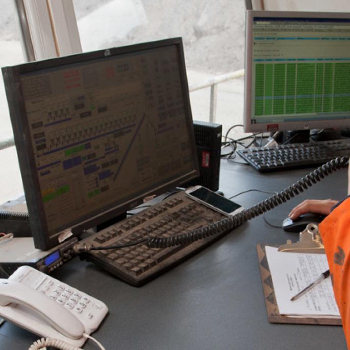 Plant operator in control room at MQP's Cliffe Hill asphalt plant. 